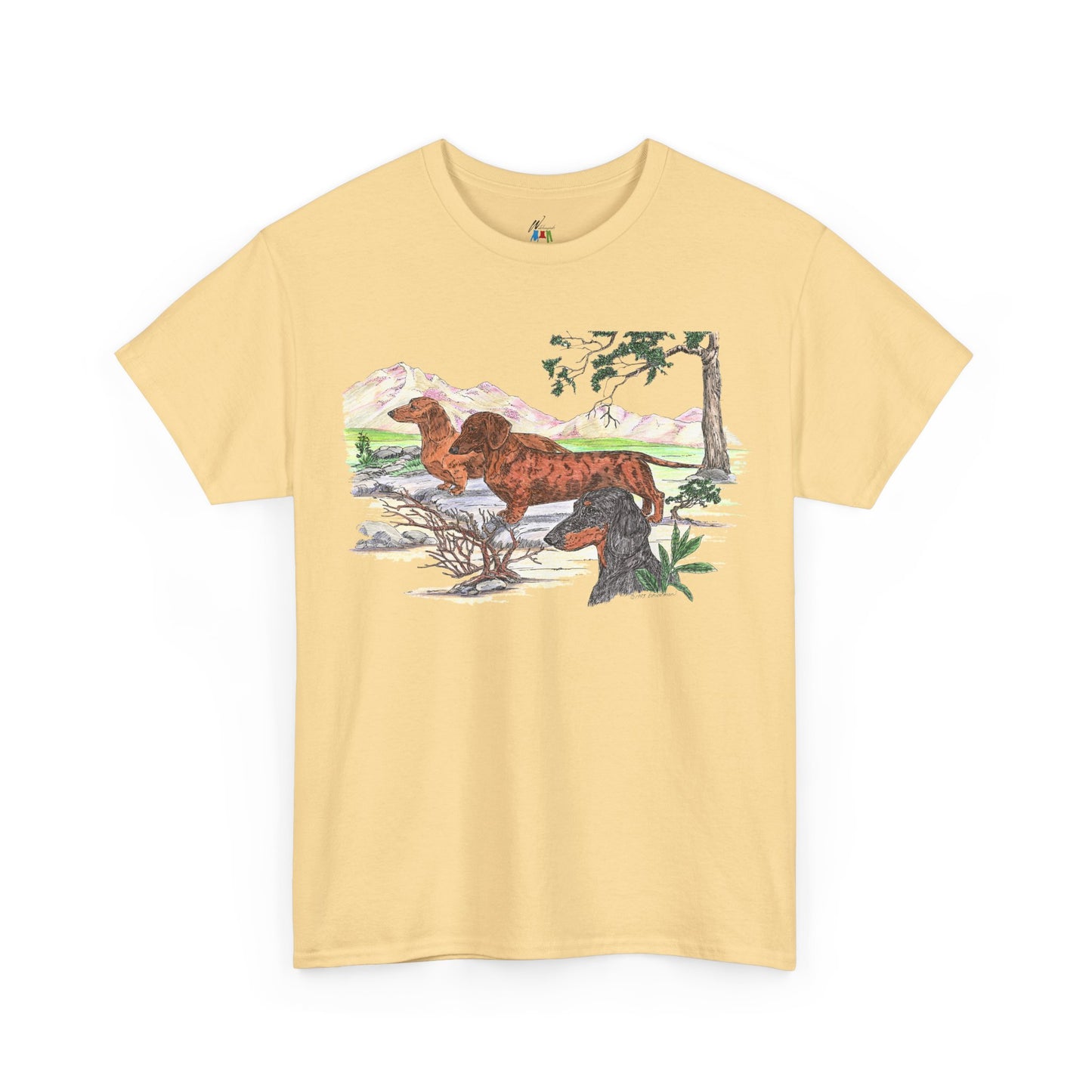 Smooth Dachshund Trio with Mountain Backdrop – Design 32-115, Dachshund Lover Shirt, Gift for Dog Moms or Dads, Casual Wear, Dog Adoption Events, Rescue Events, Pet Lover T-Shirt