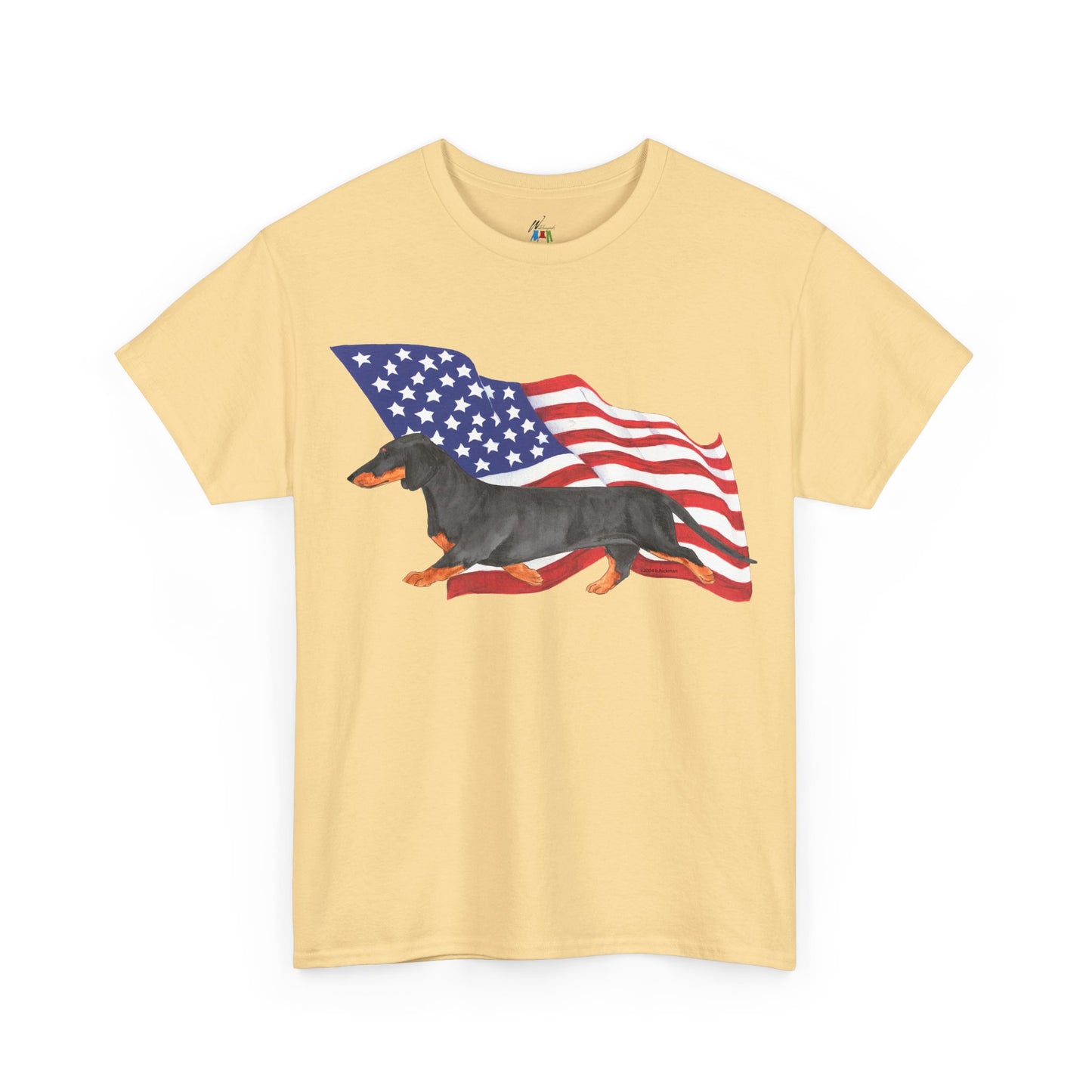 Dachshund Flag Shirt - Smooth Black and Tan Dog Mom Tee - Patriotic 4th of July Gift - Wiener Dog Dad Shirt for Doxie Lovers
