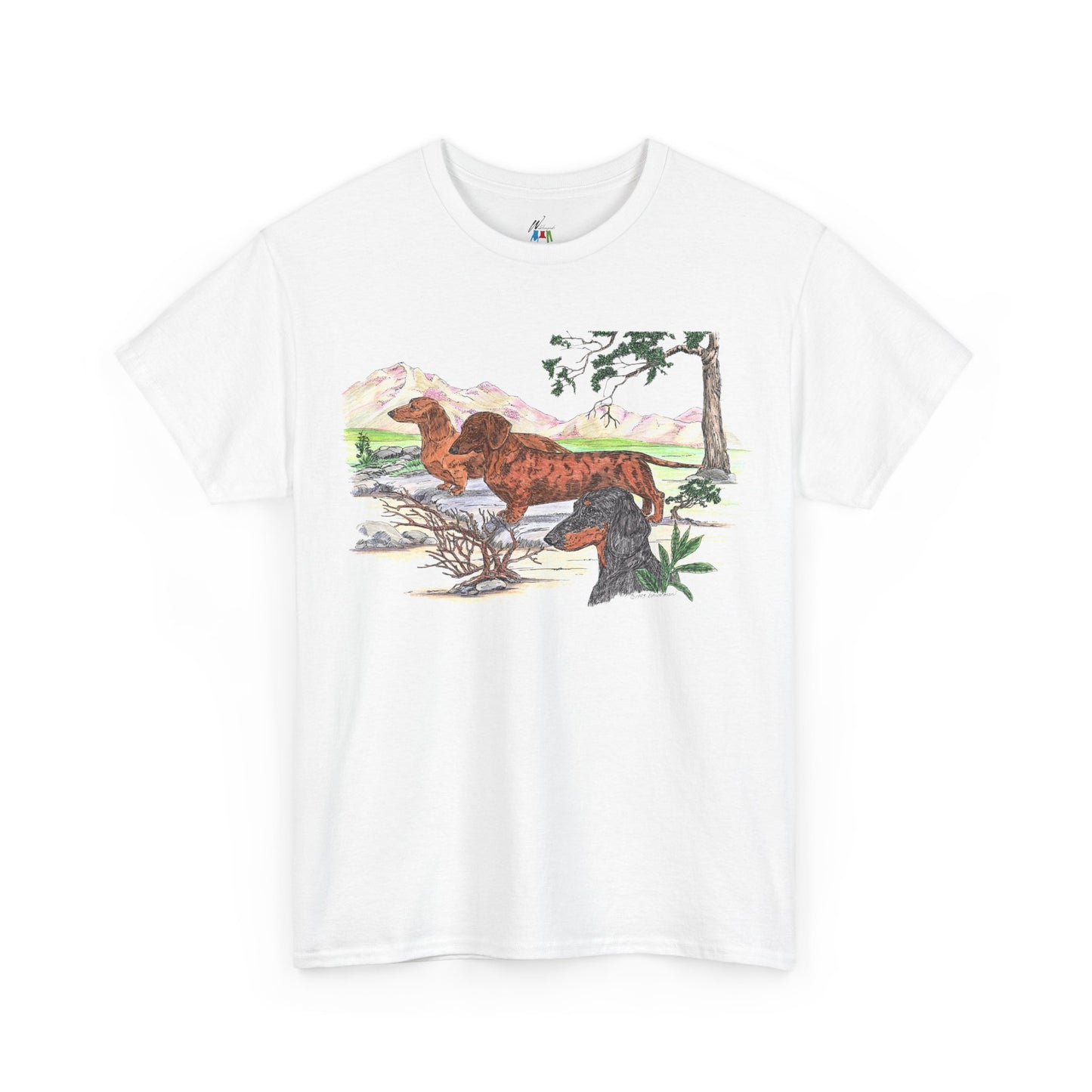 Smooth Dachshund Trio with Mountain Backdrop – Design 32-115, Dachshund Lover Shirt, Gift for Dog Moms or Dads, Casual Wear, Dog Adoption Events, Rescue Events, Pet Lover T-Shirt
