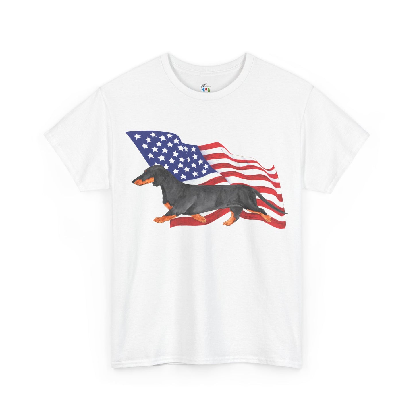 Dachshund Flag Shirt - Smooth Black and Tan Dog Mom Tee - Patriotic 4th of July Gift - Wiener Dog Dad Shirt for Doxie Lovers
