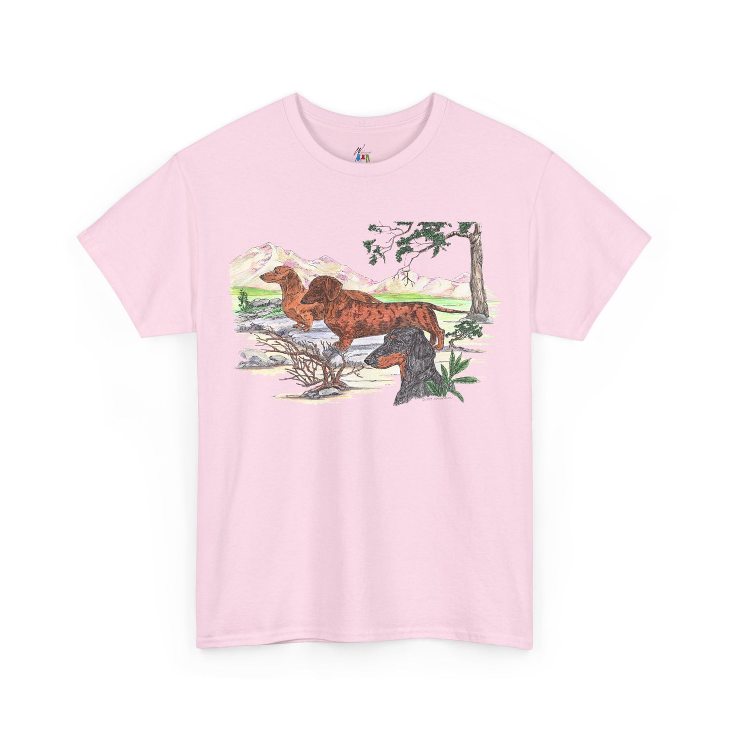 Smooth Dachshund Trio with Mountain Backdrop – Design 32-115, Dachshund Lover Shirt, Gift for Dog Moms or Dads, Casual Wear, Dog Adoption Events, Rescue Events, Pet Lover T-Shirt