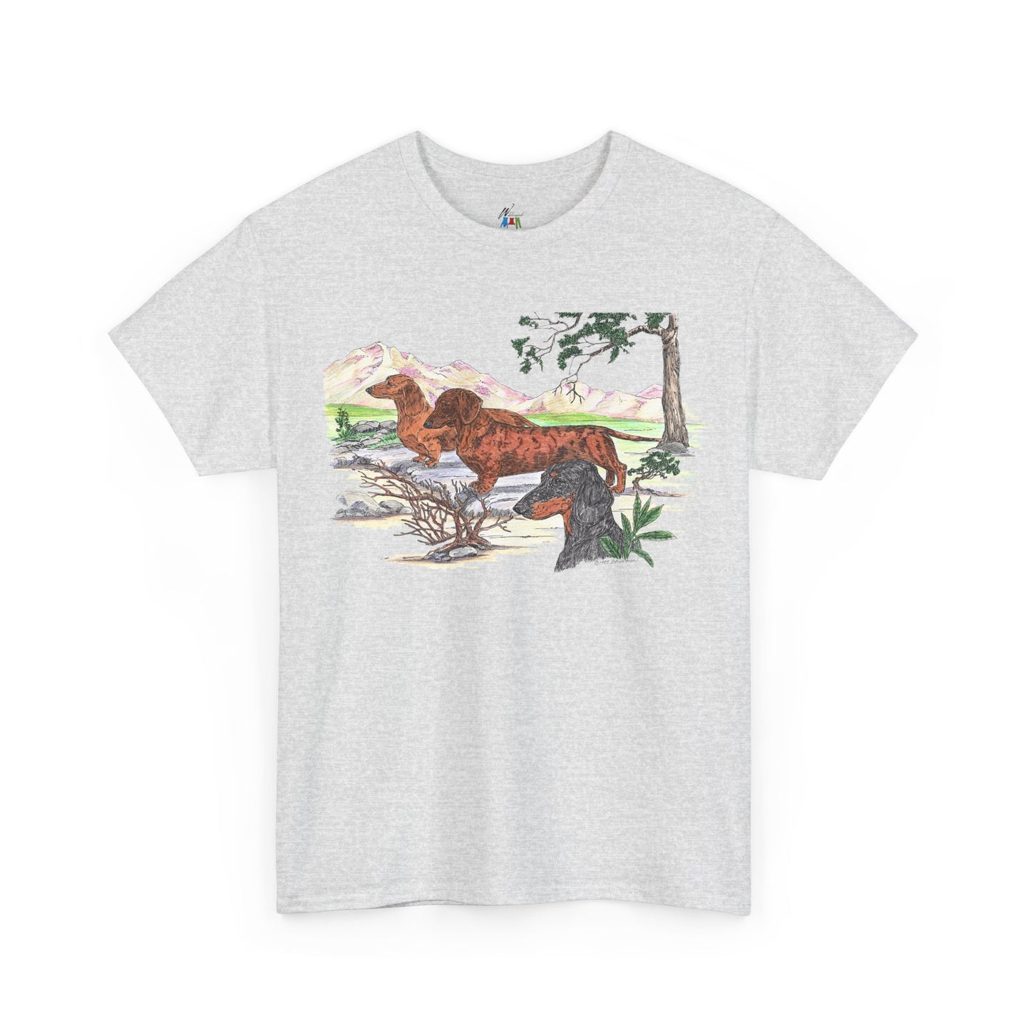 Smooth Dachshund Trio with Mountain Backdrop – Design 32-115, Dachshund Lover Shirt, Gift for Dog Moms or Dads, Casual Wear, Dog Adoption Events, Rescue Events, Pet Lover T-Shirt