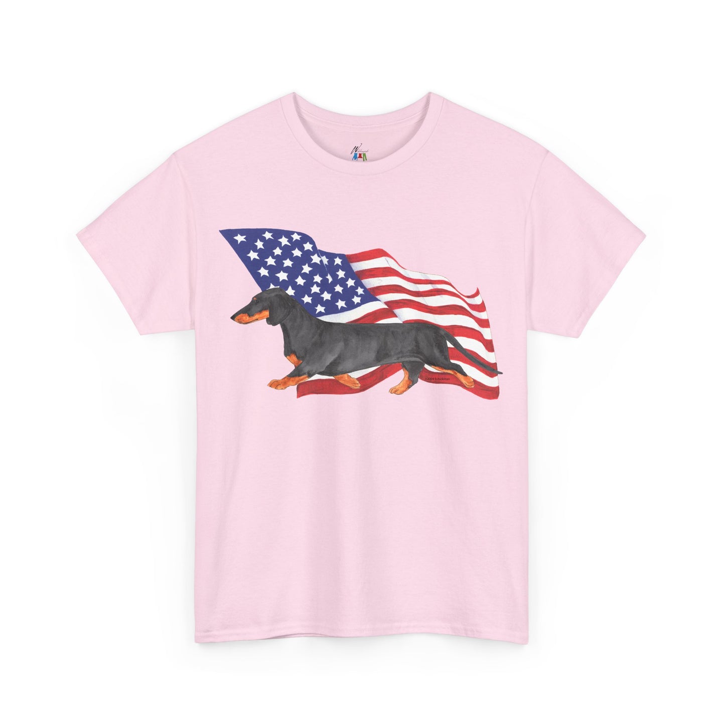 Dachshund Flag Shirt - Smooth Black and Tan Dog Mom Tee - Patriotic 4th of July Gift - Wiener Dog Dad Shirt for Doxie Lovers