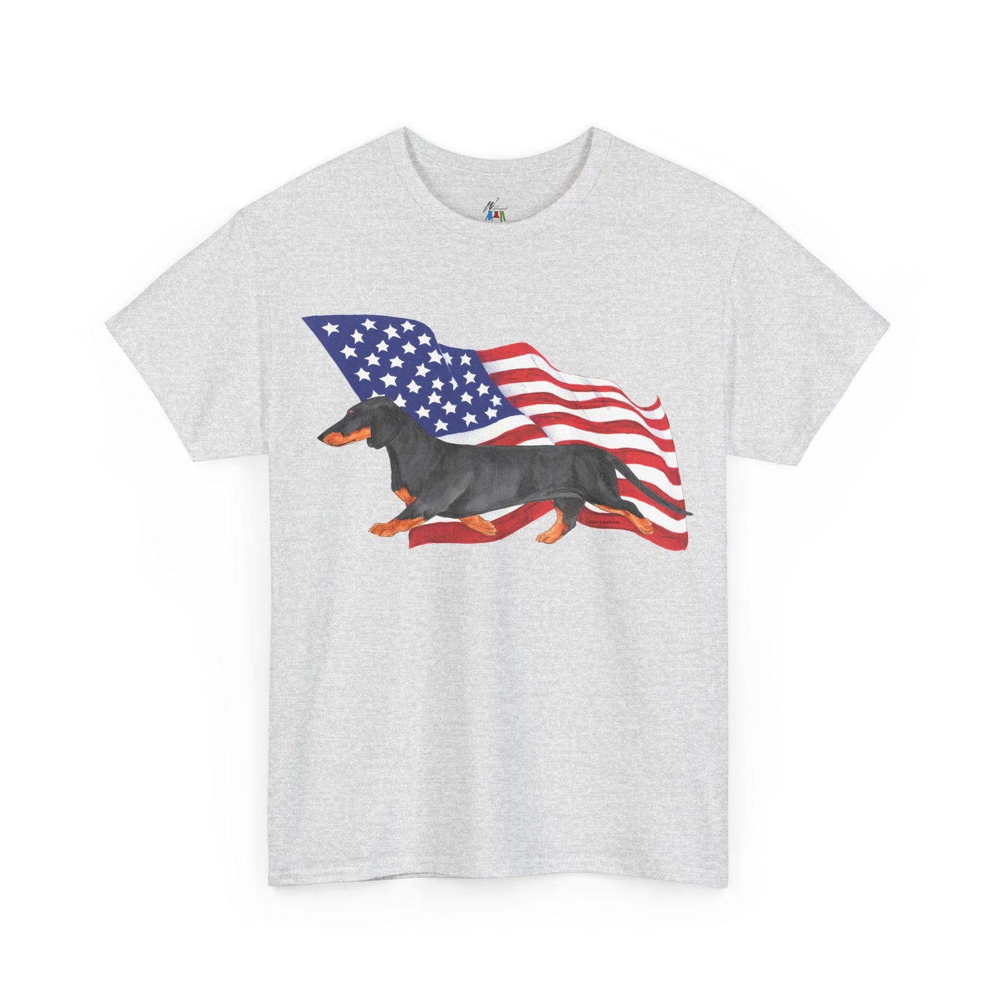 Dachshund Flag Shirt - Smooth Black and Tan Dog Mom Tee - Patriotic 4th of July Gift - Wiener Dog Dad Shirt for Doxie Lovers