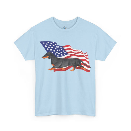 Dachshund Flag Shirt - Smooth Black and Tan Dog Mom Tee - Patriotic 4th of July Gift - Wiener Dog Dad Shirt for Doxie Lovers