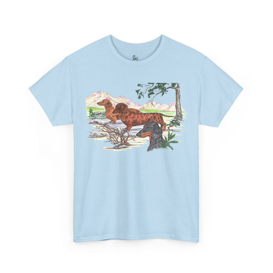 Smooth Dachshund Trio with Mountain Backdrop – Design 32-115, Dachshund Lover Shirt, Gift for Dog Moms or Dads, Casual Wear, Dog Adoption Events, Rescue Events, Pet Lover T-Shirt