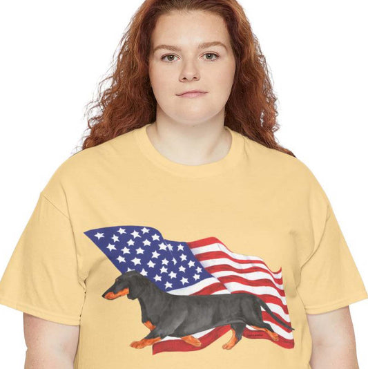 Dachshund Flag Shirt - Smooth Black and Tan Dog Mom Tee - Patriotic 4th of July Gift - Wiener Dog Dad Shirt for Doxie Lovers