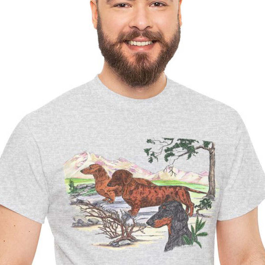 Smooth Dachshund Trio with Mountain Backdrop – Design 32-115, Dachshund Lover Shirt, Gift for Dog Moms or Dads, Casual Wear, Dog Adoption Events, Rescue Events, Pet Lover T-Shirt